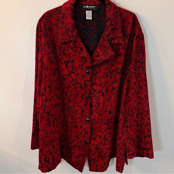 Sag Harbor Womens Sz 22W Red Black Soft Textured Tapestry Button Up Shirt Jacket - Picture 1 of 8